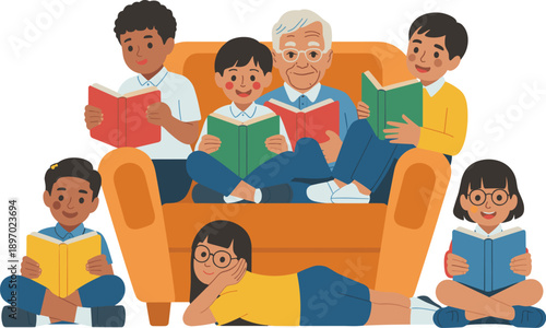 Diverse group of people reading books together on couch multi-ethnic children and senior man enjoying storytime in comfortable home setting promoting education literacy and intergenerational connectio