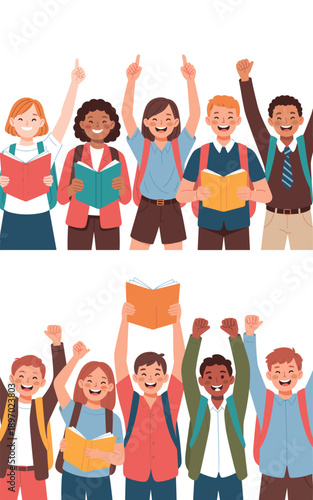 Diverse group of students celebrating academic success in classroom excited multiethnic cheerful teenagers with books raising hands in air for educational achievement back to school concept for websit