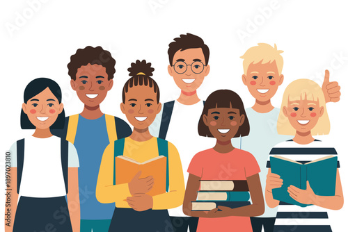 Diverse group of students smiling and studying together in classroom cheerful young multiethnic school kids with books backpacks education learning concept for university highschool elementary school