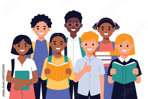 Diverse group of cheerful students standing together holding books in school classroom happy young multiracial elementary children education learning knowledge youth development for educational resour