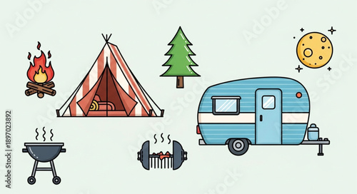 Camping and outdoor recreation elements illustration.