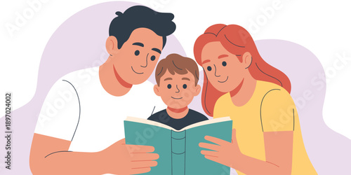 Happy family reading book together illustration young father mother and son enjoying story time at home cheerful parent child bonding moment for education learning parenthood lifestyle concept vector