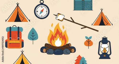 Camping equipment and campfire illustration.
