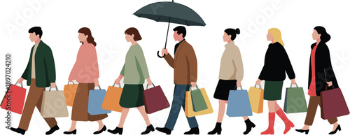 Diverse group of stylish shoppers walking with shopping bags in modern city street under umbrella seasonal sale vector illustration for retail advertising marketing campaigns fashion lifestyle consume