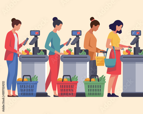 Modern supermarket self checkout line with diverse women scanning groceries paying with mobile phones contactless payment technology consumer lifestyle illustration for retail stores grocery shopping