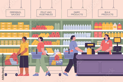 Diverse shoppers buying groceries at supermarket checkout with cashier scanning food purchases and shelves full of products for sale in modern grocery store retail shopping experience consumerism illu