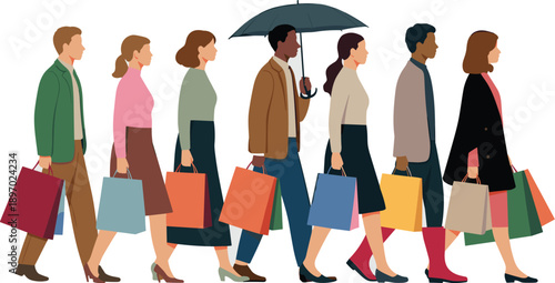 Diverse group of stylized people walking with shopping bags under umbrella illustration for retail advertising campaigns fashion industry shoppers of different ethnicities and ages consumerism and sal