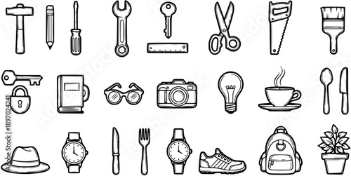 Black and White Line Art Icon Set: Everyday Objects and Utility Items. Essential collection of tools, household goods, and lifestyle symbols for diverse design projects.
