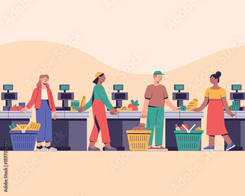 Diverse shoppers at supermarket checkout with groceries vector illustration of customers buying food at grocery store healthy lifestyle consumerism retail business advertising marketing concept shoppi