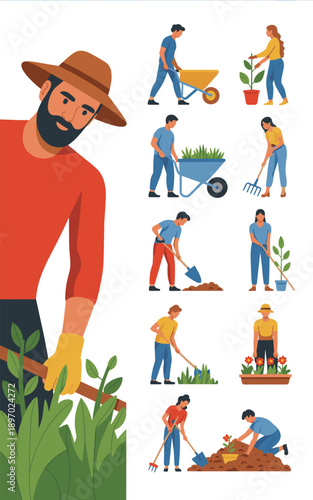 Diverse gardeners working together in community garden illustration planting flowers shoveling soil using gardening tools in outdoor rural environment agriculture hobbyist activity planting concept fo