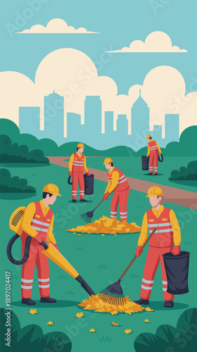 Team of uniformed groundskeepers cleaning up autumn leaves in city park illustration professional leaf removal service for municipal parks landscape maintenance fall cleanup campaign environmental ser