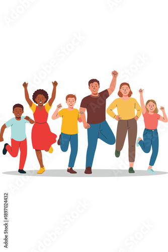 Diverse group of cheerful people running with arms raised in celebration for success and achievement happy multiracial team jumping together celebrating victory in modern cartoon illustration for busi