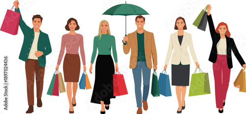 Diverse group of stylish shoppers walking with shopping bags modern fashion retail consumerism concept happy people enjoying shopping spree sale illustration for advertising marketing materials lifest