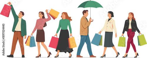 Diverse group of stylish people walking with shopping bags enjoying retail therapy during sale season happy customers carrying purchases in vibrant modern fashion illustration for marketing and advert
