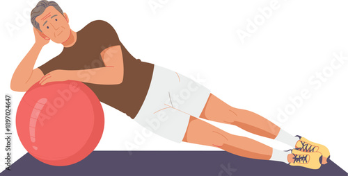 Senior man exercising with fitness ball for core strength and balance training in modern gym studio mature adult fitness lifestyle concept for rehabilitation physical therapy and healthy aging program