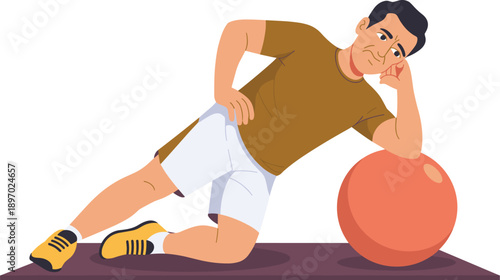 Middle aged man resting after workout exercise with fitness ball on yoga mat at home in modern living room healthy lifestyle concept for physical therapy wellness training relaxation and wellbeing ill