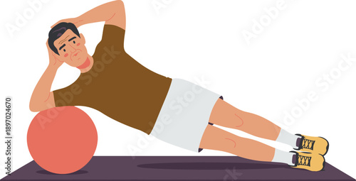 Athletic man doing side plank exercise with fitness ball for core strength workout at home gym sporty training routine physical therapy rehabilitation wellness lifestyle program for health and fitness