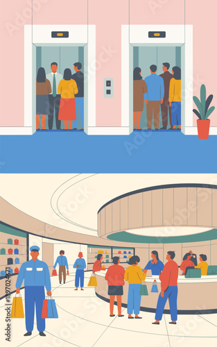 Modern shopping mall scene with people riding elevators and shopping at store with friendly staff in a bright and minimalist style for retail advertising and marketing campaigns promoting customer exp