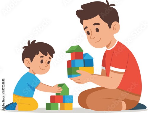 Happy father and son playing with toy blocks building tower together at home cheerful family bonding having fun enjoying creative playtime activity learning development illustration for parenting life