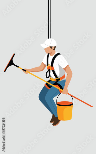 Professional window cleaner hanging by rope cleaning skyscraper exterior glass windows with squeegee and bucket wearing safety harness uniform illustration for modern architecture building maintenance