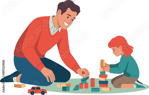 Happy father playing building blocks with cute daughter illustration dad and child having fun spending quality time together at home family bonding childhood development parent teaching preschool lear