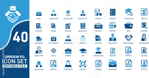 Collection of 40 blue icons representing business education and human resources concepts