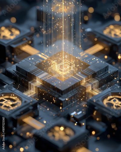 Digital Data Stream: A captivating view of a high-tech processor, illuminated by streams of vibrant light, symbolizes the flow of information in a digital world.