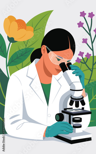 Female scientist using microscope in laboratory experiment research with floral botanical background young woman biologist wearing lab coat and gloves conducting scientific study for pharmaceutical me