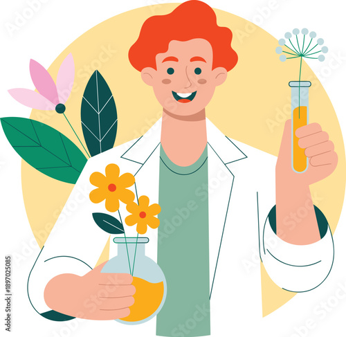 Young redhead scientist holding plant specimen in test tube and flowers in glass flask for botanical research experiment in laboratory backdrop medical science and pharmaceutical industry innovation c
