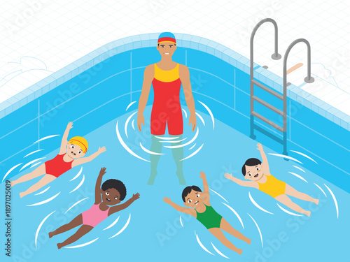 Instructor teaching diverse group of kids swimming in indoor pool cartoon illustration happy children learning to swim with swimming coach in swimwear training for water safety courses and summer spor