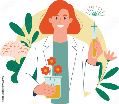 Smiling scientist woman holding test tube with plant in laboratory floral arrangement showing science research biology experiment for cosmetic pharmaceutical industry concept natural medicine herbal r