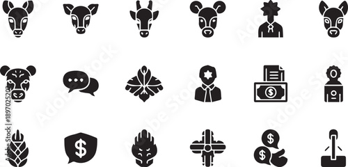 Professional Business and Finance Icon Set Featuring Corporate Figures Financial Data Charts Currency Symbols and Communication Elements