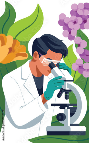 Focused scientist using microscope in laboratory setting for medical research and pharmaceutical development with floral accents for biotechnology and healthcare industry presentations science educati