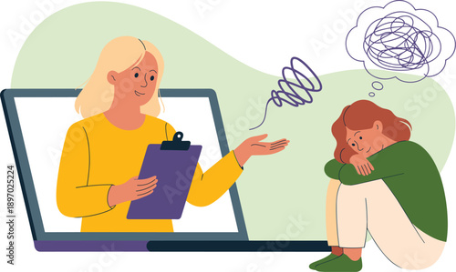 Online therapy session with blonde female therapist offering mental health support to young woman with anxiety depression conceptual illustration for telehealth counseling and psychology services heal