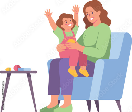 Happy mother with cute toddler daughter sitting in blue armchair cheerful family bonding illustration motherhood childcare parenting daycare education concept domestic lifestyle home interior design