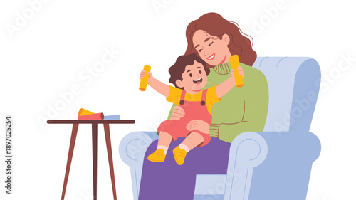 Happy toddler in mother's lap playing with toy dumbbells at home in living room illustration cheerful child exercising with mom healthy family lifestyle concept for parenting blogs early childhood dev