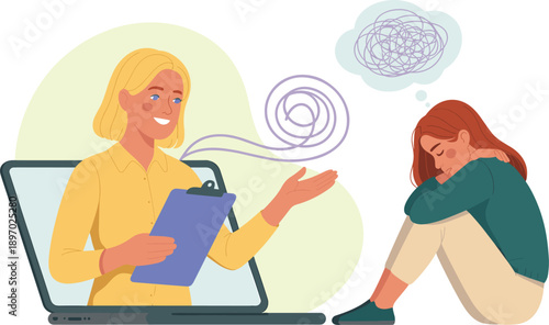 Online therapy session with blonde female therapist counseling sad young woman with mental health issues and depression via video call on laptop computer for mental wellness and emotional support in h