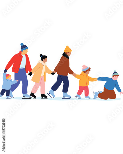 Diverse family ice skating together helping each other in winter outdoors activity illustration for seasonal greeting holiday celebration fun leisure cheerful lifestyle marketing creative design templ