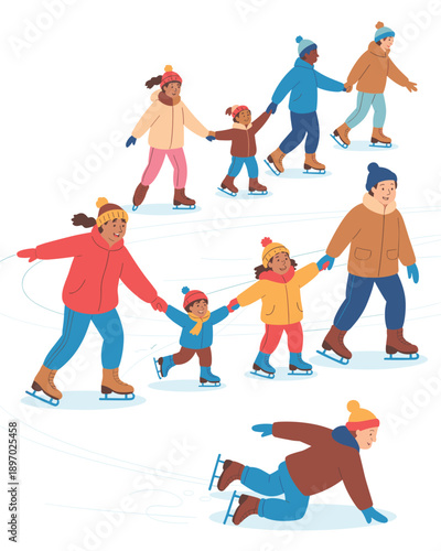 Diverse families ice skating together on outdoor rink enjoying winter fun festive season happy multiethnic people learning to skate recreational activity lifestyle vector illustration for holiday mark