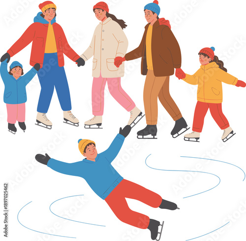 Happy family ice skating together with child falling down in winter holiday season outdoor fun activity illustration for healthy lifestyle recreation togetherness and joyful moments in seasonal promot