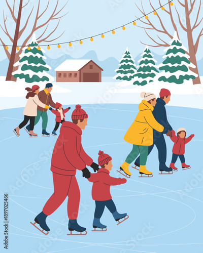 Cheerful families ice skating together at outdoor rink in winter wonderland landscape joyful people enjoying holiday season activities fun festive illustration for christmas new year celebration seaso