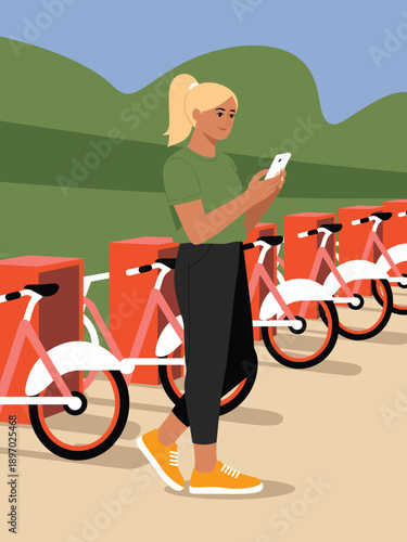 Young blonde woman using smartphone at urban bicycle sharing station rental system in city park healthy lifestyle sustainable transport modern environmentally conscious for recreation tourism