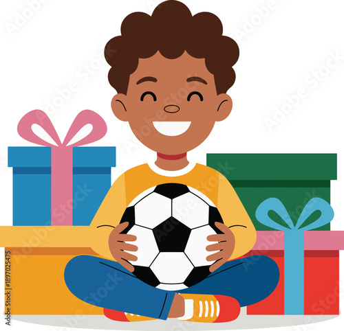 Happy young boy holding soccer ball sitting near colorful gifts boxes illustration of childhood joy and celebration for family holiday event or birthday party cheerful kid with sport equipment and pre