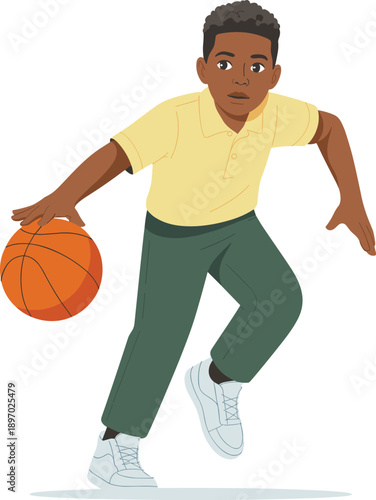Athletic young African American boy dribbling orange basketball with energy and focus during practice session on indoor court for youth sports programs and physical education initiatives promoting act