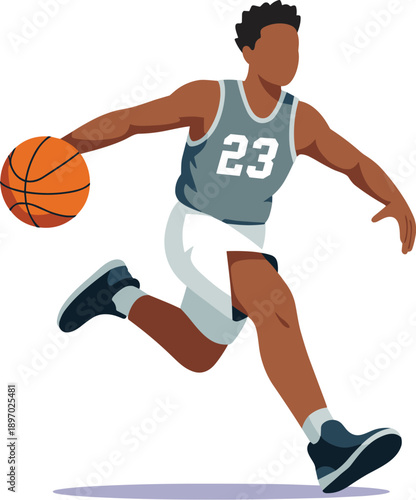 Dynamic black basketball player dribbling ball with energy and focus in modern minimalist vector illustration for sports marketing advertising athletic training fitness health wellness competitive spi
