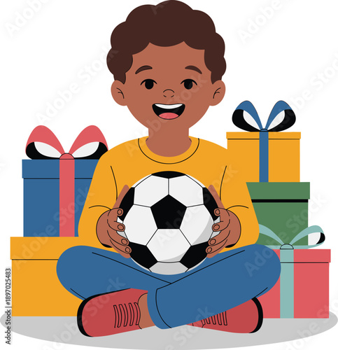 Happy young boy holding soccer ball with colorful wrapped gifts presents sitting down in playful pose celebrating holiday season festive occasion childhood happiness family togetherness vector illustr