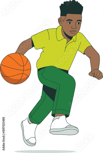 Focused young African American boy dribbling orange basketball ball with determination and skill in vibrant cartoon illustration for sports training youth athletic programs educational content and rec