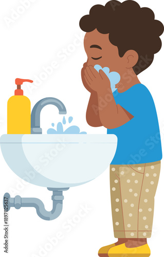 African American boy washing face with water in bathroom sink for personal hygiene routine and health care concept illustration for children's education materials and public health awareness campaigns