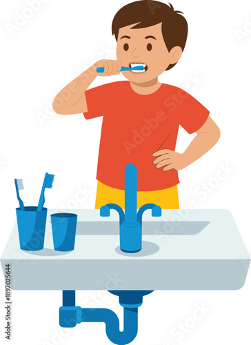 Young boy brushing teeth in bathroom sink for dental health and personal hygiene routine cute cartoon child character learning about oral care and healthy habits for kids healthcare education and fami