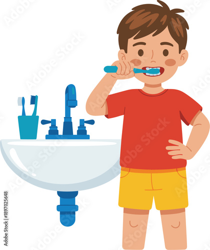 Cartoon boy brushing teeth with blue toothbrush in modern bathroom near sink for dental hygiene concept oral care routine illustration for children's health education materials and pediatric dentistry